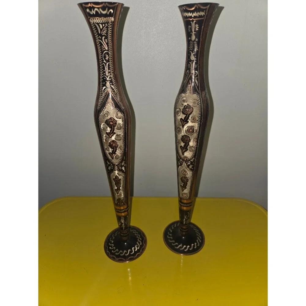 Gulistan 2505 Turkish Copper Bud Vases Pair Etched Floral Design Made in Turkey